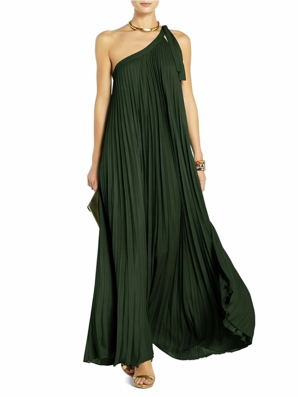 BCBGMaxAzria One-Shoulder Pleated Maxi Dress Gown in Dark Green